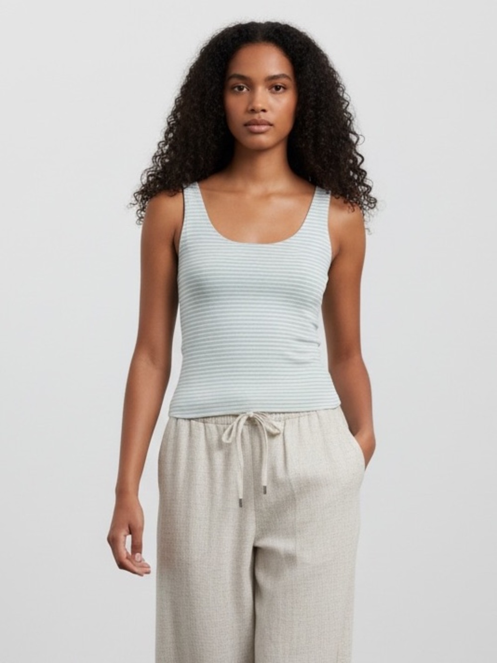 1399 • Light Blue & Cream Ultra Soft Striped Rayon Blend Double Layer Tank Top